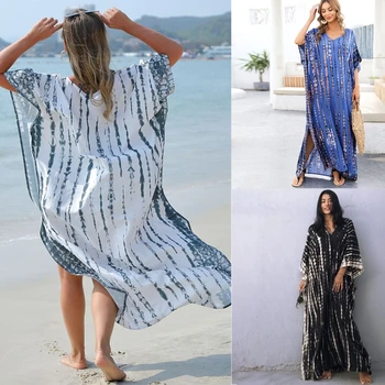 Naujas Stilingas Saulės Apsaugos Paplūdimio Cover Up Mados Spausdinti Paplūdimio Suknelė Moterims Bikini Padengti Iki Laisvas Ilgas Chalatas, maudymosi Kostiumėliai C