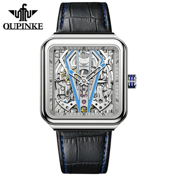 OUPINKE Automatinis laikrodis Vyrams Aikštėje Sapphire Kristalas Skeletas Mechaninė Žiūrėti Steampunk Odos Skaidrus Sporto Laikrodis