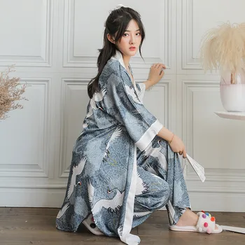 Pavasario Kinų Stiliaus Pižama Moteris Satino Krano Spausdinimo Mados Šilko Suspender Kelnės Homewear Kostiumas Atsitiktinis Elegantiškas Sleepwear
