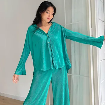 Pavasarį, Vasarą Moterys Plisuotos Atvartas Pajama Nustatyti Ilgomis Rankovėmis Marškinėliai Pižama Prarasti Korėjos Stiliaus Pižama Laisvalaikio Atostogų Drabužiai Nauji