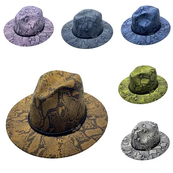Plataus kraštais gyvatė spausdinti viršų skrybėlės vyrams, moterims, fedora skrybėlės imitacija jaučiamas didelis kraštais skrybėlės rudens žiemos vilna džiazo skrybėlę