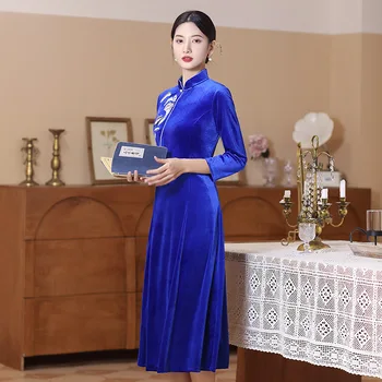 Plius Dydis M-5Xl Pagerėjo Cheongsams Moterų Klasikinis Siuvinėjimo Kinijos Šilta Suknelė Aksominė Qipao Elegantiškas-Line Šalies Vestidos