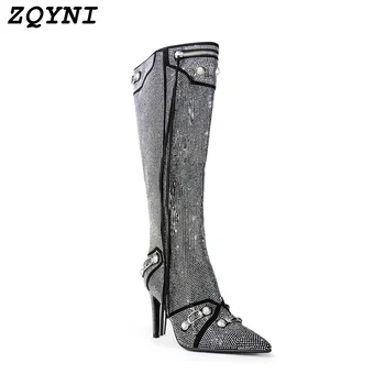 Prabangūs moteriški užtrauktukas kelio ilgi batai aukštakulniai Smailianosiai karšto gręžimo su metalo sagtis Retro stiliaus Seksualus mados