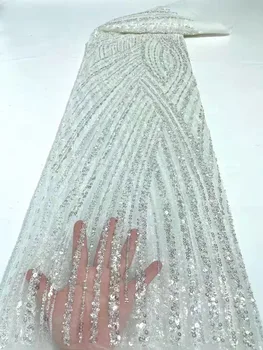 Prancūzijos Balta Nėrinių Audinys Su Blizgučiai Ir Karoliukai,Aukštos klasės Seka Nėrinių Audinio 2022 Aukštos Kokybės Nėriniai 5 Metrų Vestuvių Suknelė