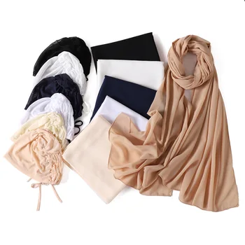 Premium Šifono Skara Hijab Su Elastinga Akių Vidinis Dangtelis Moterų Musulmonų Vasaros Cool Kvėpuojantis 2-1 Gabalas Rinkinys Headwrap 180X70CM