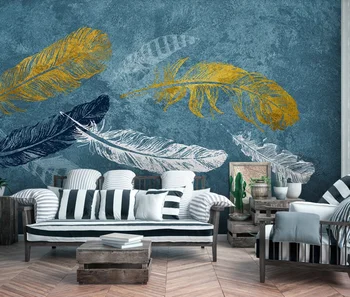 Pritaikyti 3D foto tapetai, freskos Šiaurės paprastas ir gražus mėlynas akvarelė balta plunksna fono sienos