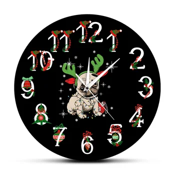 Pug Šuo Kalėdų Ornamentu Spausdinti Sieninis Laikrodis Juokinga Elnias Pug Laikrodis Žiūrėti Pug su elnių ragai Atostogų Namų Puošybai Dovana Vaikams