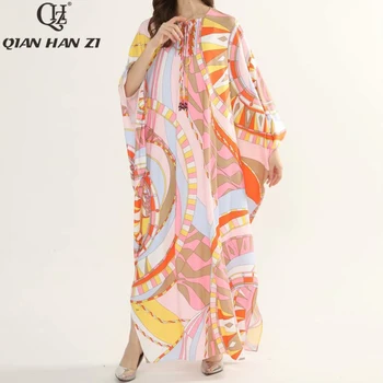 Qian Han Zi 2020 dizainerio mados kilimo ir tūpimo tako maxi suknelė Moterų Šikšnosparnių Rankovėmis Modelis Atspausdintas Prarasti Atostogų Paplūdimyje Ilga Suknelė