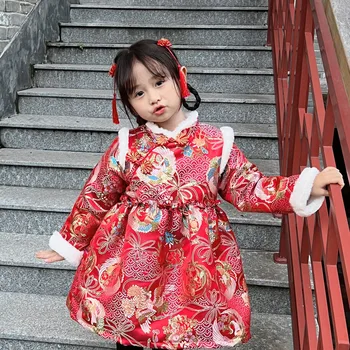 Qipao Suknelė Mergina Žiemos Sutirštės Hanfu Tango Kostiumų Senovės Kinų Stiliaus Naujųjų Metų Aksomo Suknelė Pasakų Gražių Cheongsam