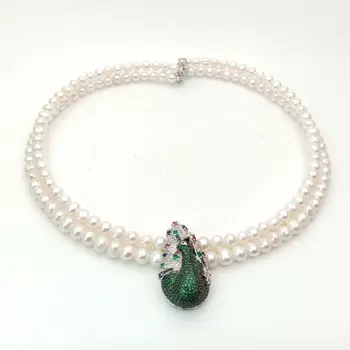 Rankomis rišti 2strands 7-8mm baltas apvalių gėlavandenių perlų vėrinį micro apdaila cirkonis priedai perlų pakabukas ilgas 45-47cm