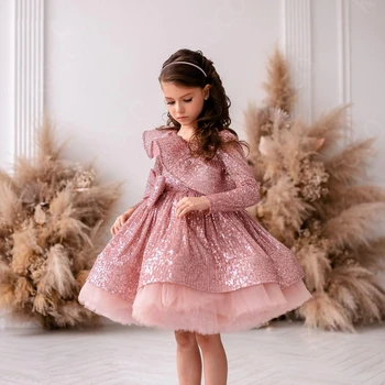 Rose Aukso Blizgučiais Gėlių Mergaičių Suknelės Gitter Ilgomis Rankovėmis Trumpą Mažai Vaikų Gimtadienio Konkurso Vestuvių Suknelės