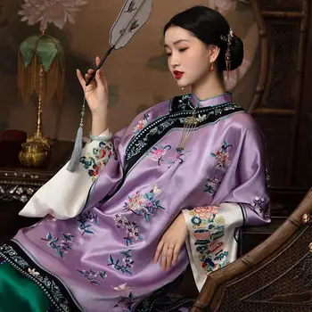 Rudenį, Elegantiška Violetinė Gėlių Spausdinti ilgomis Rankovėmis Cheongsam Kinijos Chalatas Moterims Qing Dinastija Senovės Kostiumai Šalis Marškinėliai Viršų