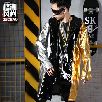 S-5XL Naujas dainininkė Vyrų Mados DJ GD Hip-hop Kratinys Kontrasto spalvų Gobtuvu PU apsiaustu kailis plius dydis etapo Rezultatus kostiumai