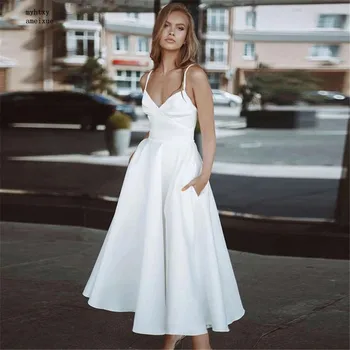 Seksuali Balta Trumpa Vestuvinė Suknelė 2022 V-neck Paplūdimys, Vestuvinės Suknelės Spagečiai Dirželiai Atvira nugara Paprasta Šalies Vestido De Noiva