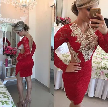 Seksualus Kokteilis Suknelės Apvalkalą Ilgomis Rankovėmis Appliques Nėrinių Puošnios Raudonos Trumpą Mini Elegantiškas Homecoming Suknelės