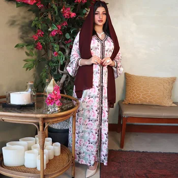 Spausdinti Gėlių Aplikacija Musulmonų Suknelė Moterims Dubajus Eid Abaja Dubajus Arabų Turkija, Marokas Kaftan Islamo Drabužių Indija Suknelė Skraiste
