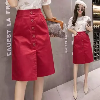 stora sijonai midi black red white plus size korėjos stiliaus linija sijonas kelio ilgis mygtuką pieštuku ponios vasaros 2020 moteriški sijonai