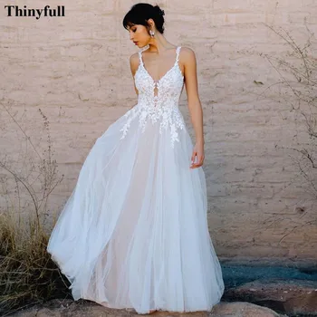 Thinyfull Paprasta Appliques Nėrinių Vestuvių Suknelės Boho Linijos V-Kaklo Vestuves Princesė Suknelės Atvira Nugara Paplūdimio Nuotakos Suknelė 2022