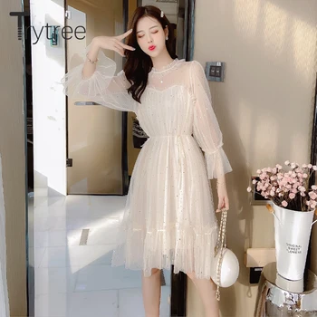 Trytree 2020 m. Pavasarį Moterys Atsitiktinis Suknelė Stovėti Apykaklės Blyksnius Rankovės Kratinys Nėrinių China Nėrinių 2 Spalvų Mados Mini-line Suknelė