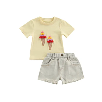 Vaikams Kūdikių, Mergaičių Drabužiai Šortai Rinkinys 3D Ledų Apvalios Kaklo trumpomis Rankovėmis T-shirt su Džinsinio Šortai Vasarą Medvilnės Atsitiktinis Apranga