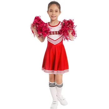 Vaikų Mergaičių Cheerleaders Kostiumai Vienodas Rankovių Laiškas Spausdinti Šokio Spektaklis Suknelė + Pompoms + Kojinės Išgalvotas Suknelė Przybornik