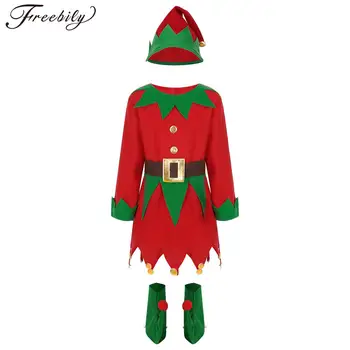 Vaikų Mergaičių Kalėdų Elf Cosplay Kostiumas ilgomis Rankovėmis Suknelė su Diržu, kepurė ir Batai Kalėdos Temą Šalies Maskuotis Roleplay Drabužiai