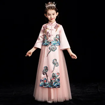 Vaikų Mergaičių Kinų Tradicinio Stiliaus, Cheongsam Hanfu Tango Tiktų Pasakų Princesė Qipao Viršūnes Suknelė Vaikų Naujųjų Metų Festivalis Apranga