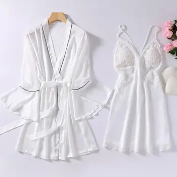 Vasaros Moterų Chalatas Kimono Suknelė Seksualus Tuščiaviduriai Iš Nėrinių Baltos Spalvos Vestuvių Apdarą Nustatyti Sleepwear Minkštas Plonas Dirbtiniais Šilko Pižamą Namų Drabužiai