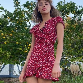 Vasaros Senovinių Raudonų Gėlių Mini Suknelė Pynimas Giliai V-kaklo Retro Sielovados Stiliaus Trumpas Saldžiųjų Suknelės Mados-line Plisuotos Suknelė