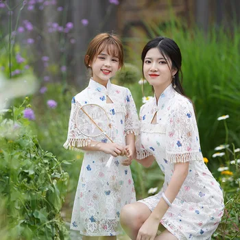 Vasarą Vaikai Trumpomis Rankovėmis Mama Ir Dukra Apranga Mergaičių Siuvinėjimo Cheongsam Vaikų Nėrinių Kinijos Puikus Qipao