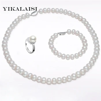 YIKALAISI 2017 100% natūralių Gėlavandenių Perlų papuošalų rinkiniai 925 sterlingas sidabro papuošalai 8-9 mm Perlų vėrinį moterims