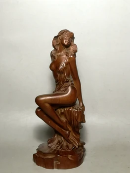 YIZHU CULTUER MENO kinijos boxwood Ranka raižyti seksuali mergina pav statula lentelė deco apdailos dovana kolekcionavimas H 6.2 colių