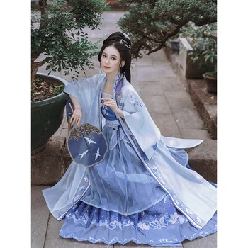 ZhongLingJi 2022 5Pc Vasaros Suknelė Moterims Kinijos Tradicinės Hanfu Mėlyna Didelis Rankovėmis Priting Senovės Pasakų Elegantiškas Šalis Suknelė