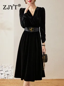 ZJYT Elegantiškas Dizaineris Žiemos Midi Aksomo Suknelė Moterims ilgomis Rankovėmis V-Kaklo Derliaus Kieto Juoda Šalis Vestidos Mados Moterų Rūbeliai