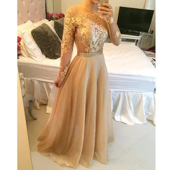 Šampanas Musulmonų Vakaro Suknelės-line ilgomis Rankovėmis, Tiulio, Nėrinių Kristalai Ilgai Dubajus, Saudo arabų Vakare Gown Prom Dress
