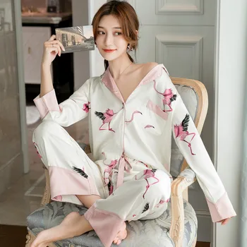 Šilko 2VNT/Set Moterų Atsitiktinis Nightdress Sleepwear Flamingo Spausdinti ilgomis rankovėmis Pižama + Kelnės Namų Drabužiai Moteriški Apatiniai