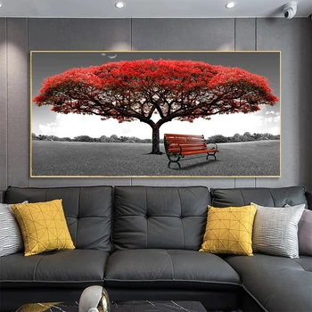 Šiuolaikinio Meno Raudonas Medis Suolo Kraštovaizdžio Tapybos Drobės Juoda ir Balta Plakatai ir Spausdina Sienos Menas Nuotraukas, Namų Puošybai