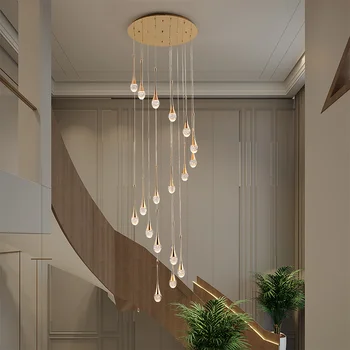 Šiuolaikinės paprasta LED laiptų liustra aukso dvipusis mansarda gyvenamasis kambarys kūrybos crystal vandens lašas spiralės ilgai ChandelierCD